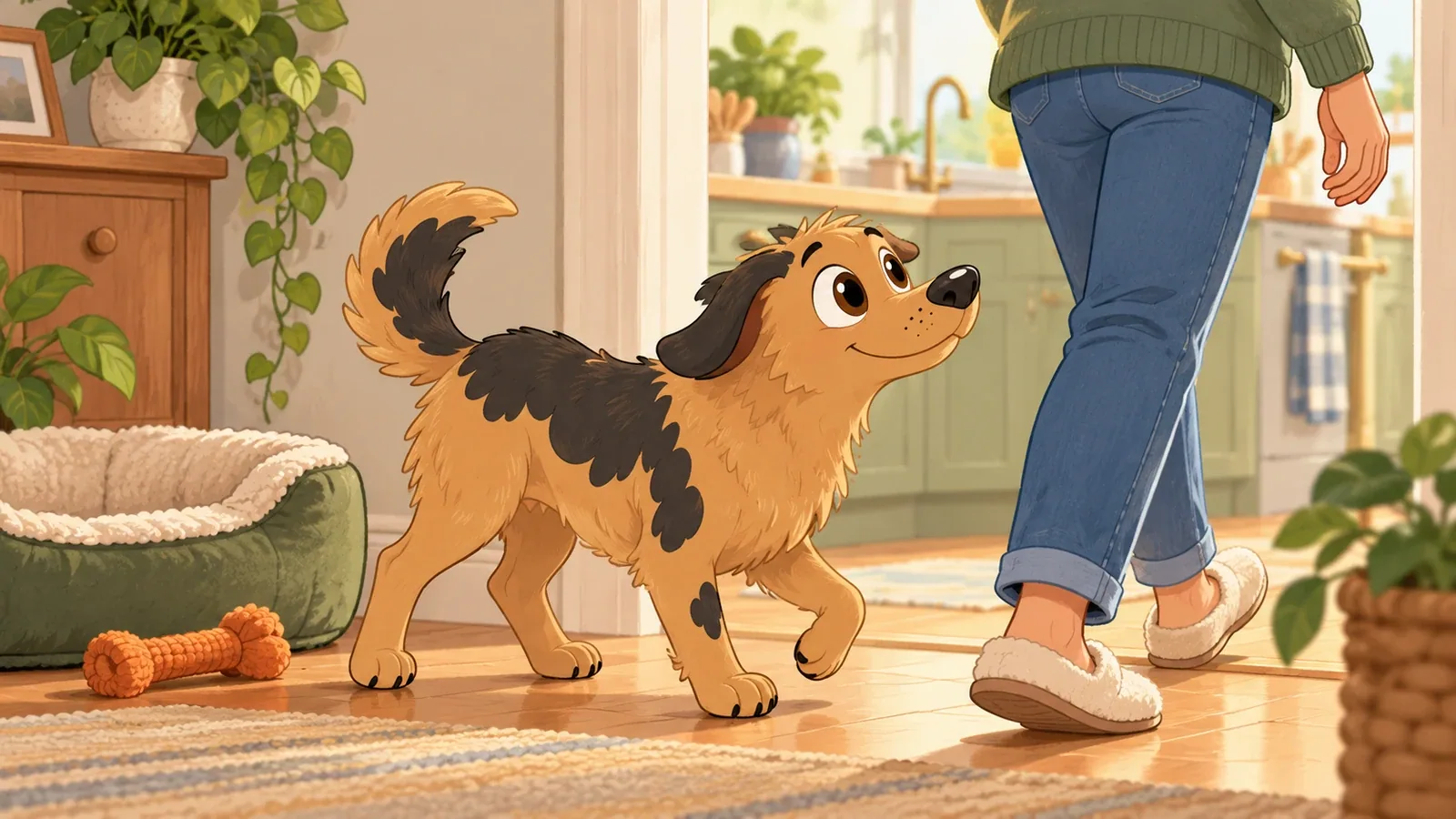 Rex calmly follows an adult towards the kitchen, with a dog bed and toy nearby.