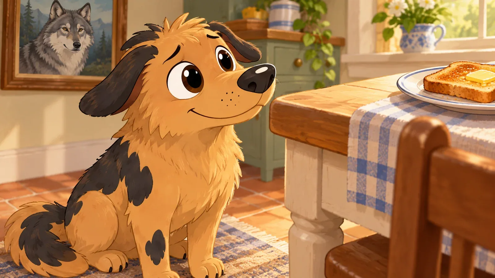 Rex looks up with raised brows beside a kitchen table and a wolf portrait.