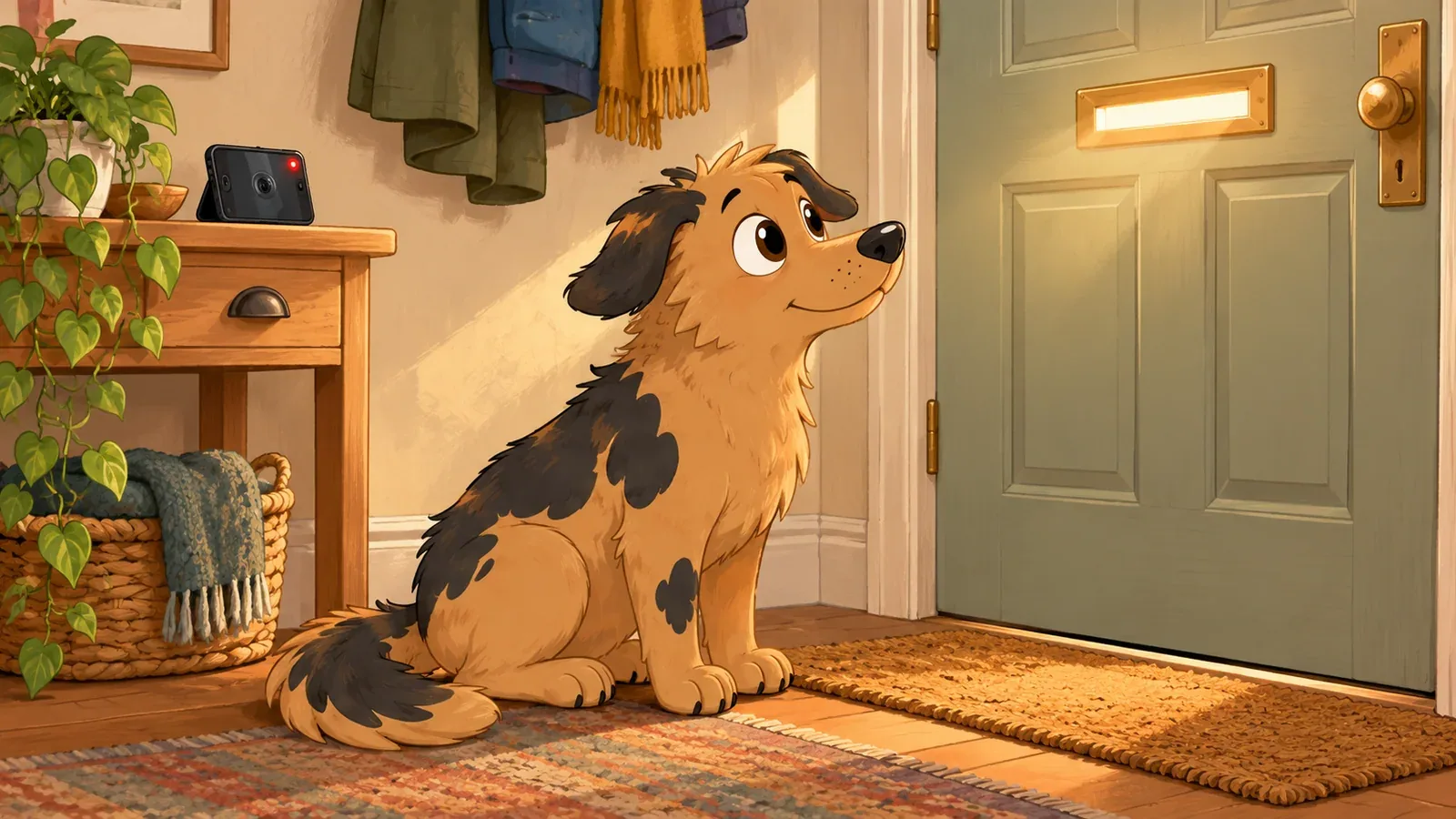 Rex waits by a closed front door while a phone records from a nearby shelf.
