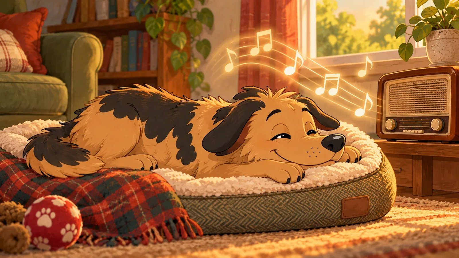 Rex rests on a dog bed beside a radio in a warm living room.