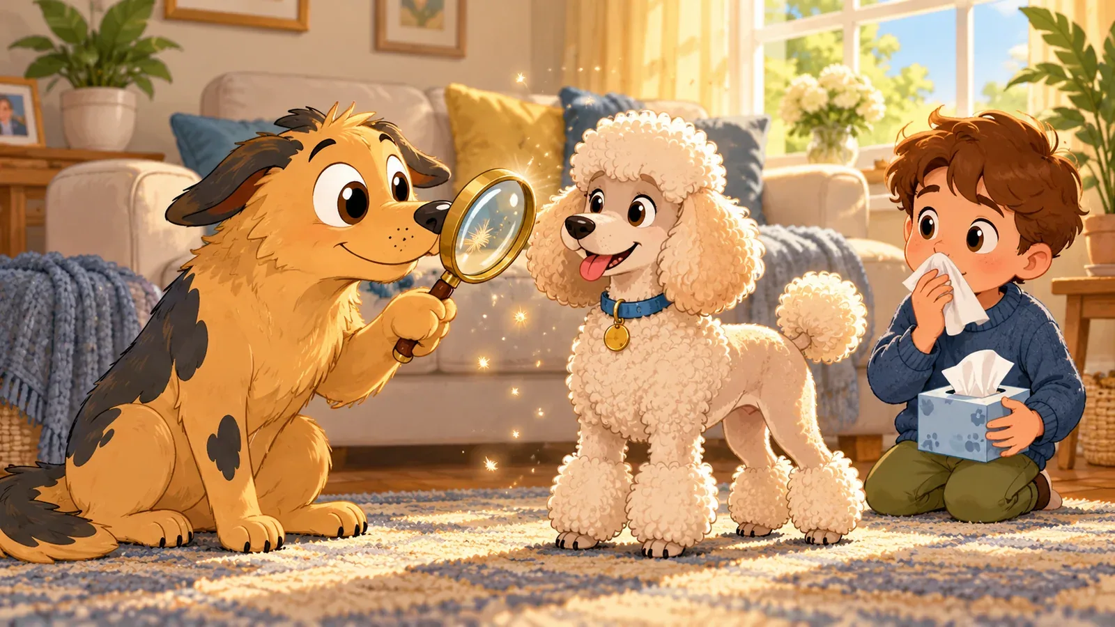 Rex and a poodle in a sunny room beside a child holding tissues.