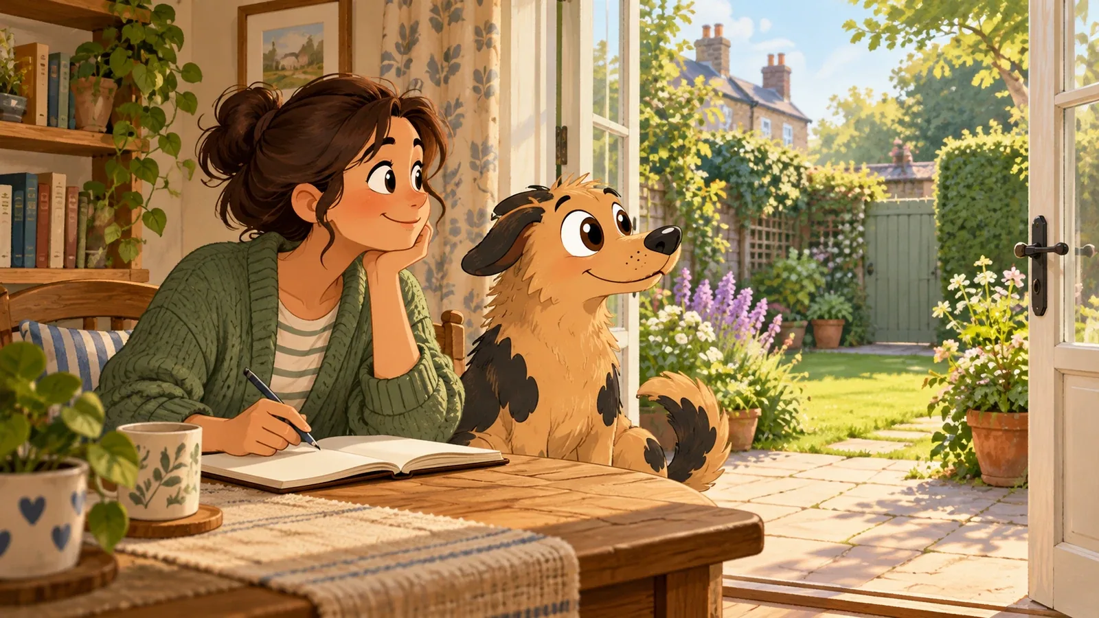 Rex sits beside an adult writing in a blank notebook at a table, looking towards an open doorway and a peaceful garden.
