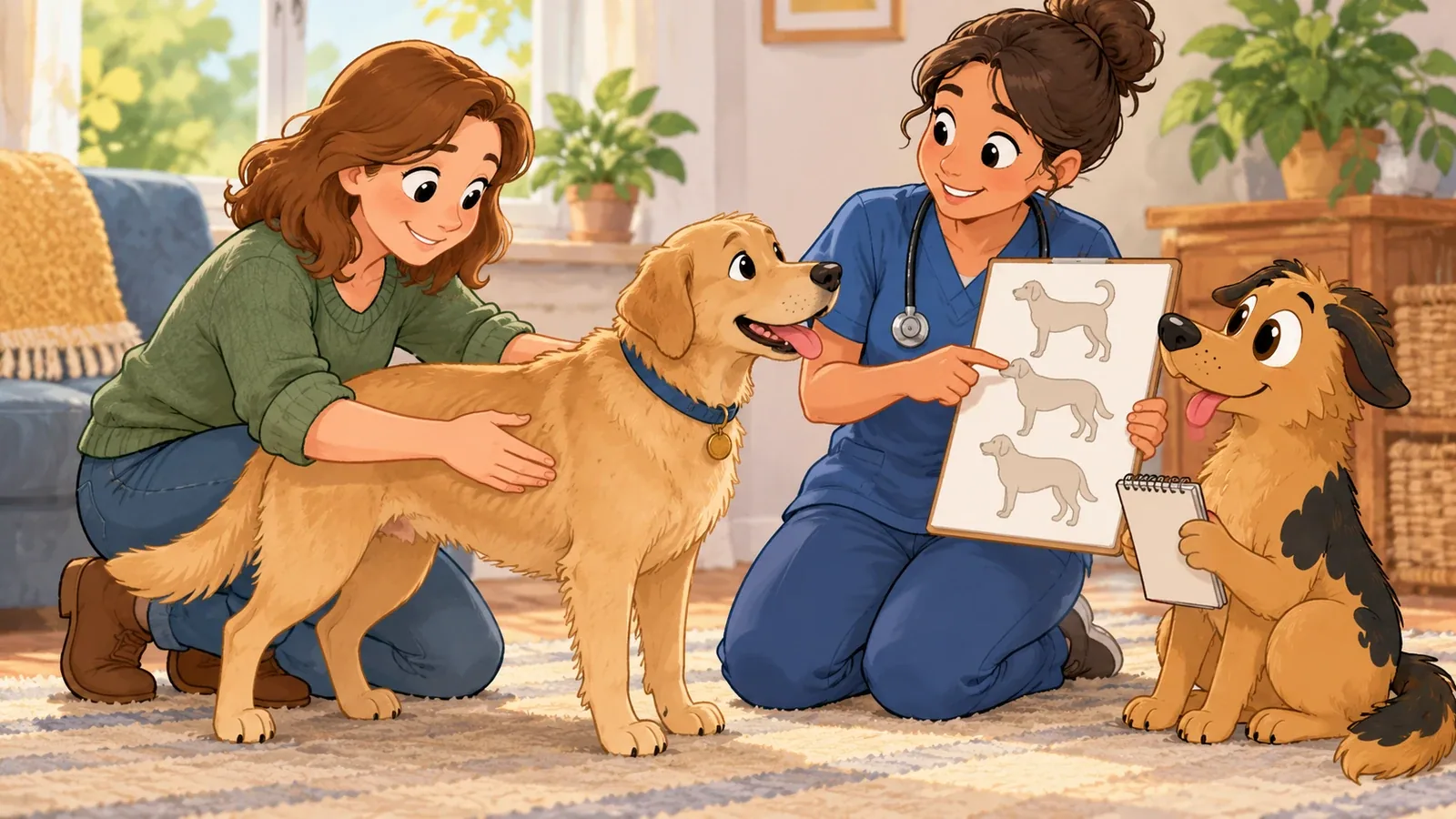 A vet nurse shows an unlabelled chart while an adult gently checks a dog's ribs and Rex sits nearby.
