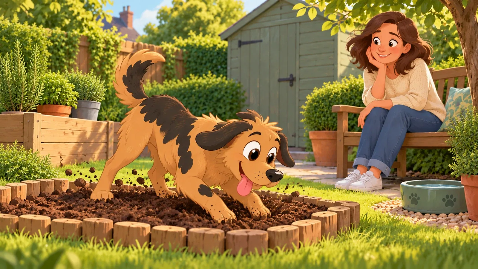 Rex digs in a defined soil patch beside an attentive adult, with raised herb pots, a closed shed and a shaded water bowl.