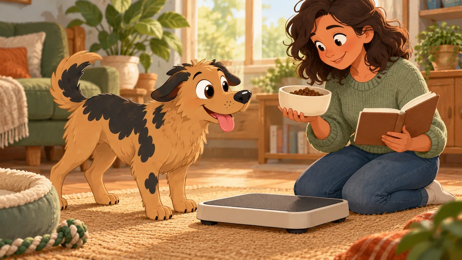 Rex stands beside a plain weighing platform while an adult holds a food bowl and an open notebook.
