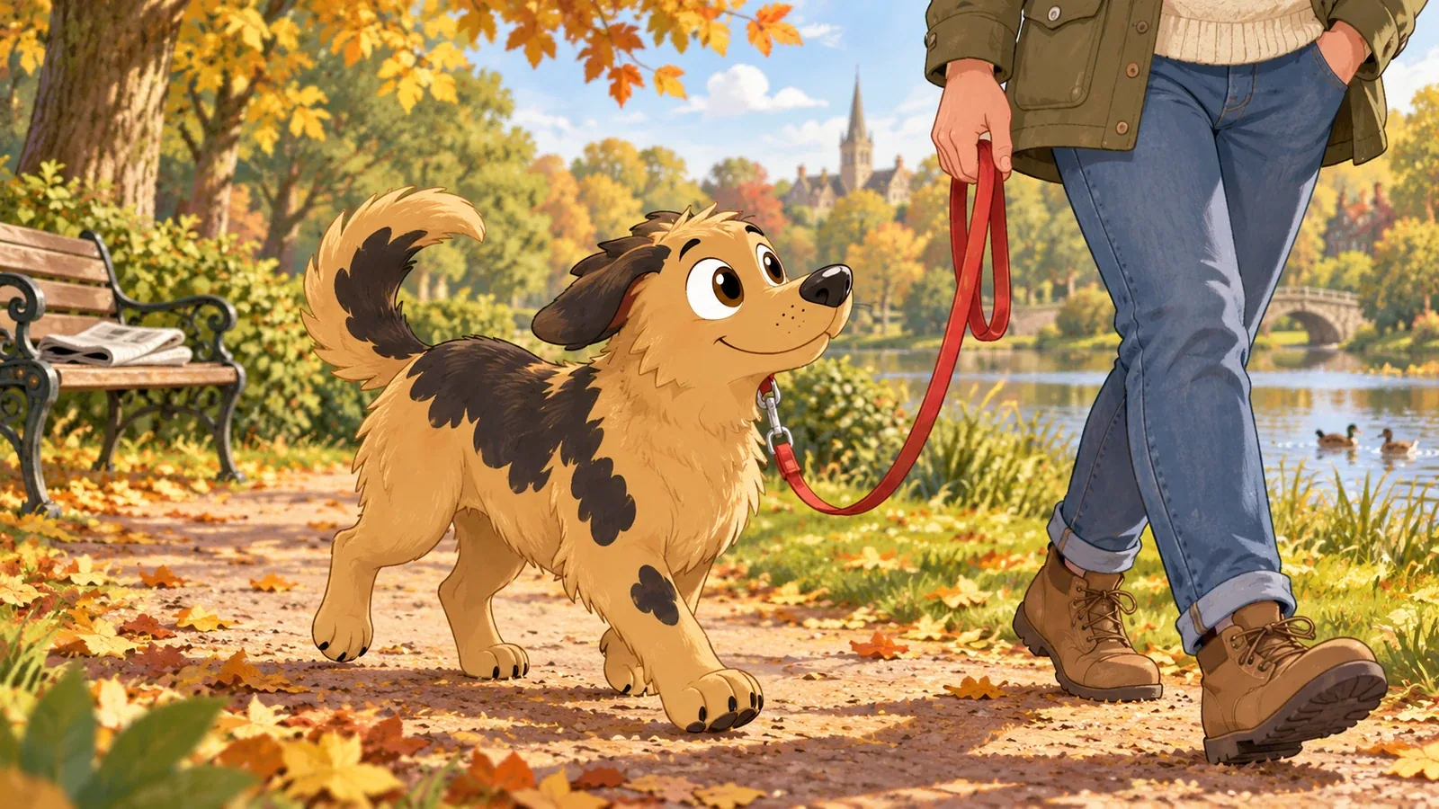 Rex walks beside his owner on a loose lead along a sunny autumn park path.