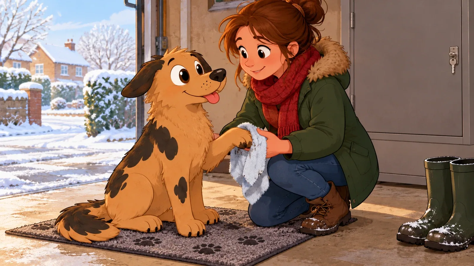 An owner gently wipes Rex’s paw beside a closed cupboard, with snow outside.