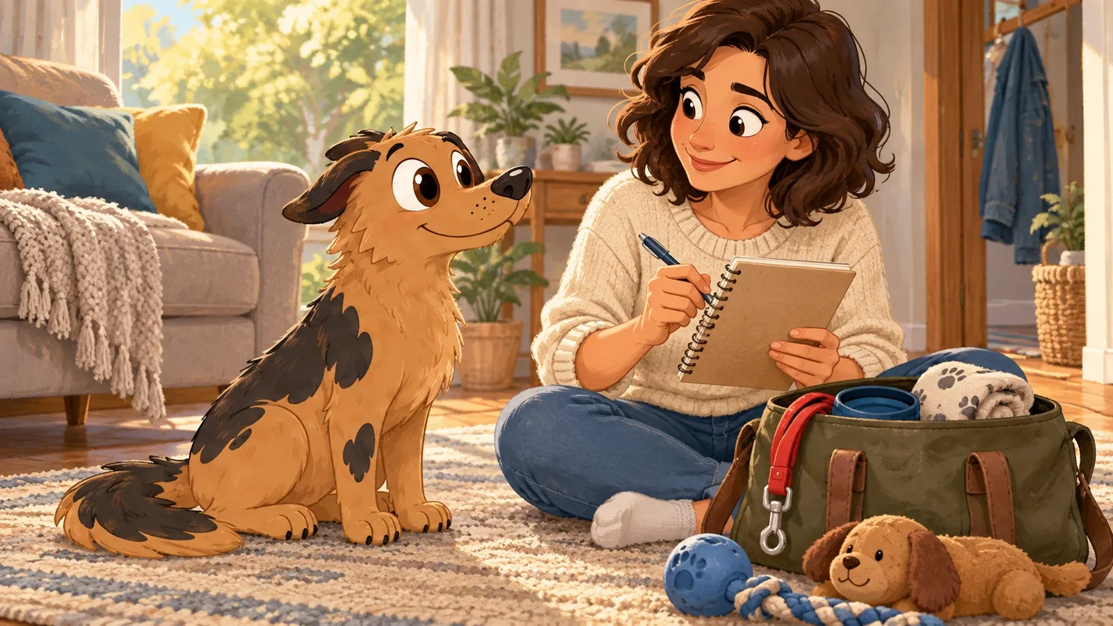 Rex sits beside an adult making notes near a bag containing a lead, bowl and blanket.