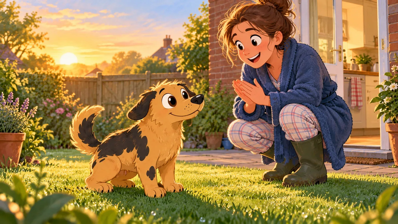 A puppy waits on a garden lawn while its owner crouches nearby to praise it.