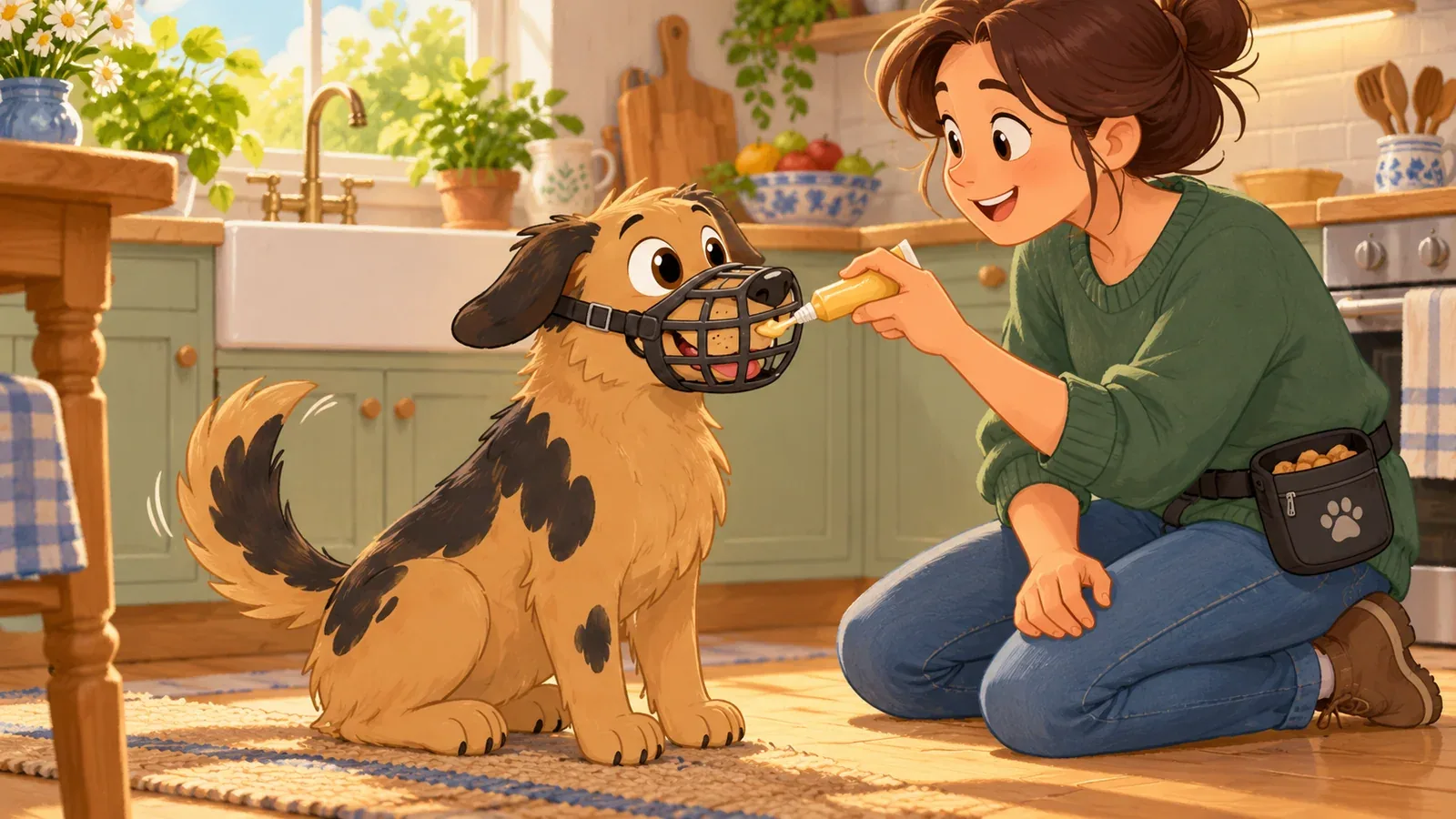 Rex wears a roomy basket muzzle as his owner offers a treat through the front.