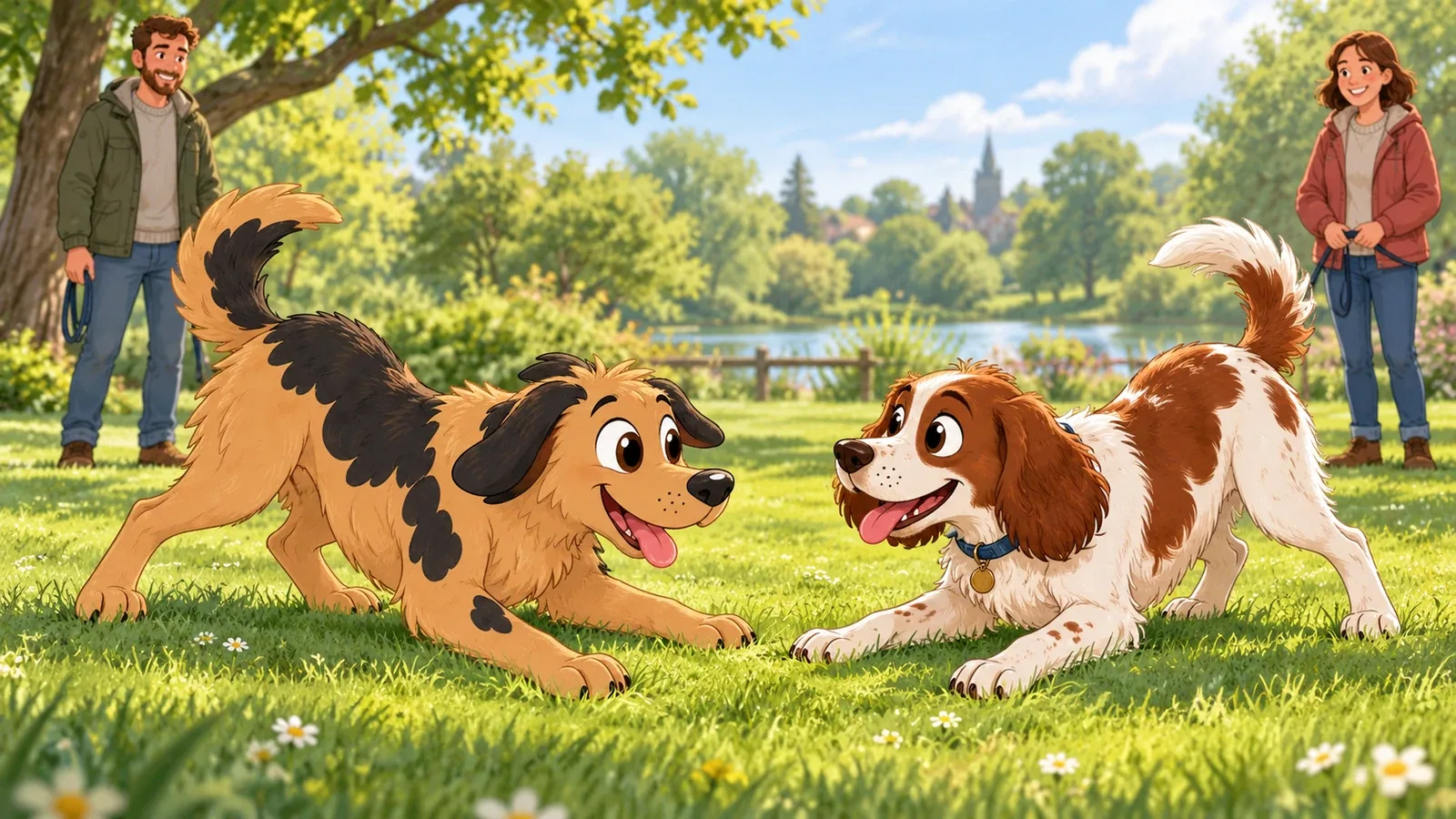 Rex and another dog pause in loose play bows in a park, with their owners nearby.