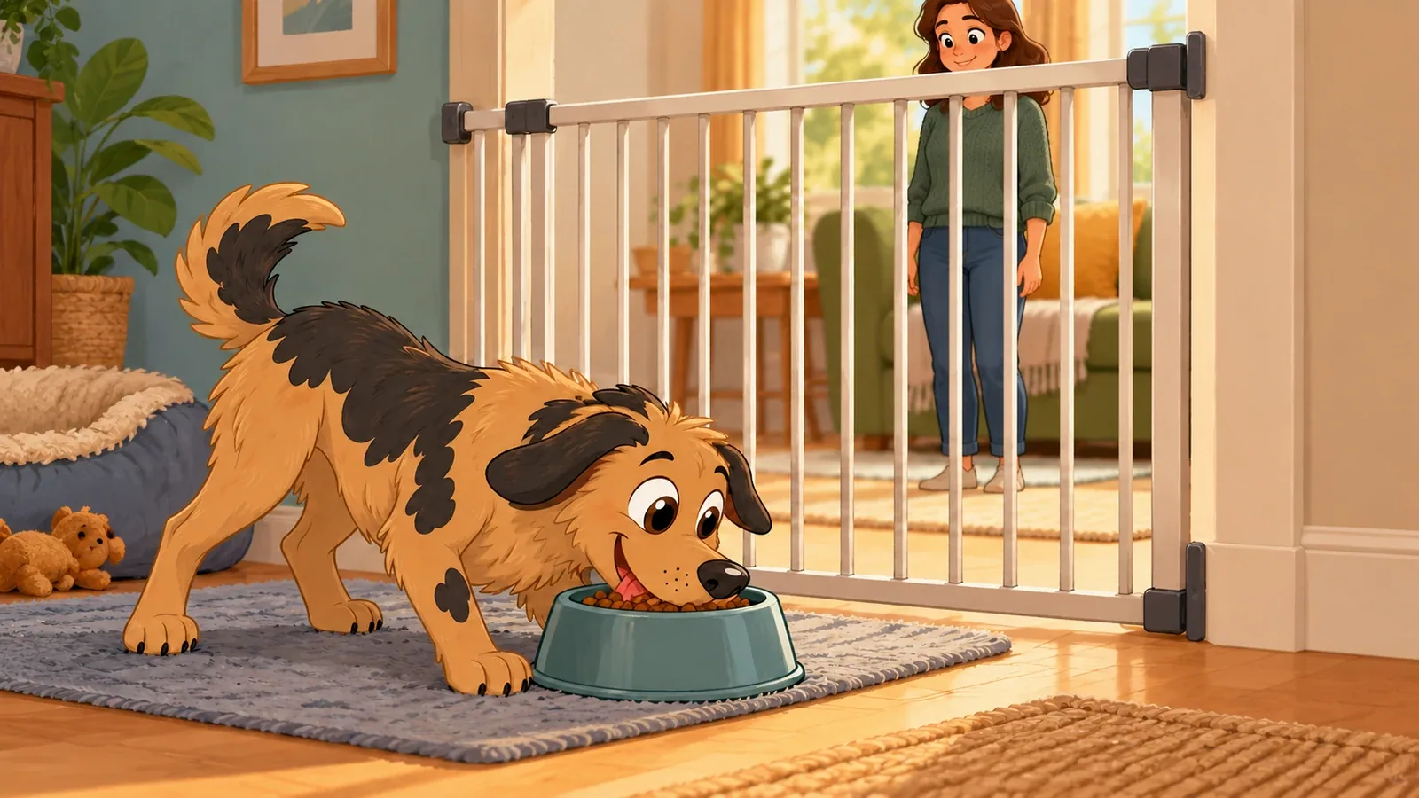 Rex eats from his bowl while an adult gives him space on the far side of a closed gate.