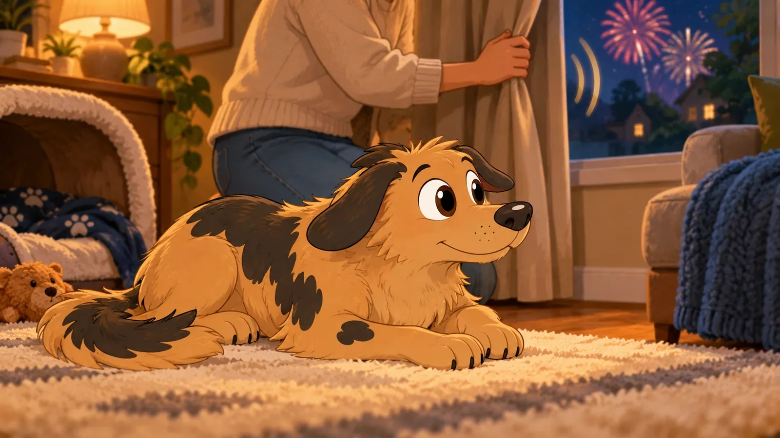 Rex listens from a cosy rug as his owner closes the curtains on distant fireworks.