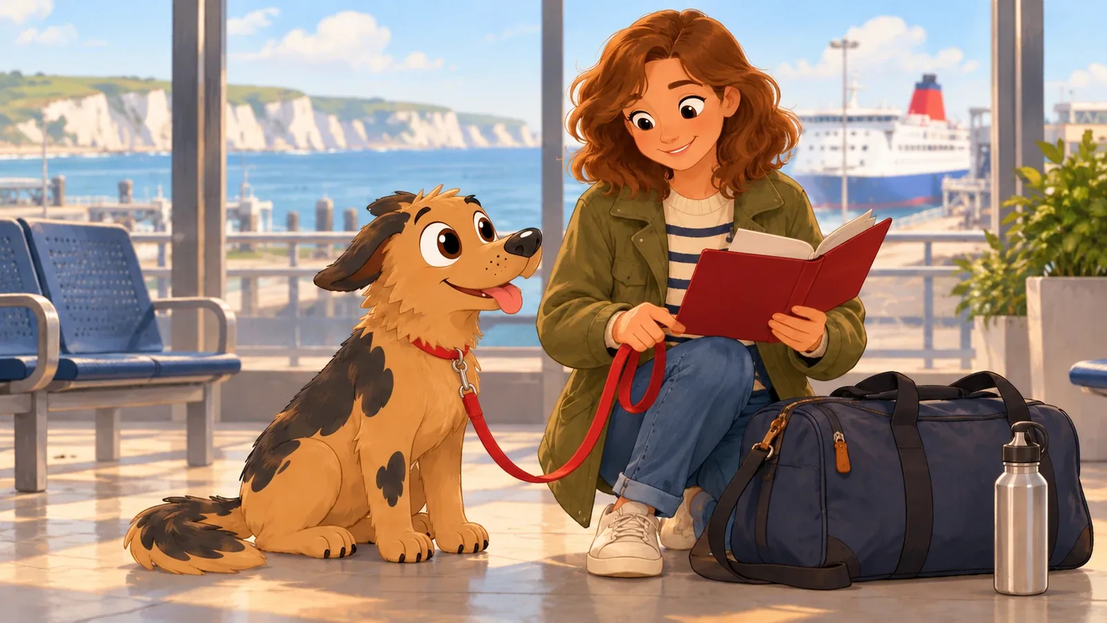 An adult checks a plain red travel folder beside Rex on a slack lead and a packed bag, with a ferry visible beyond the terminal window.