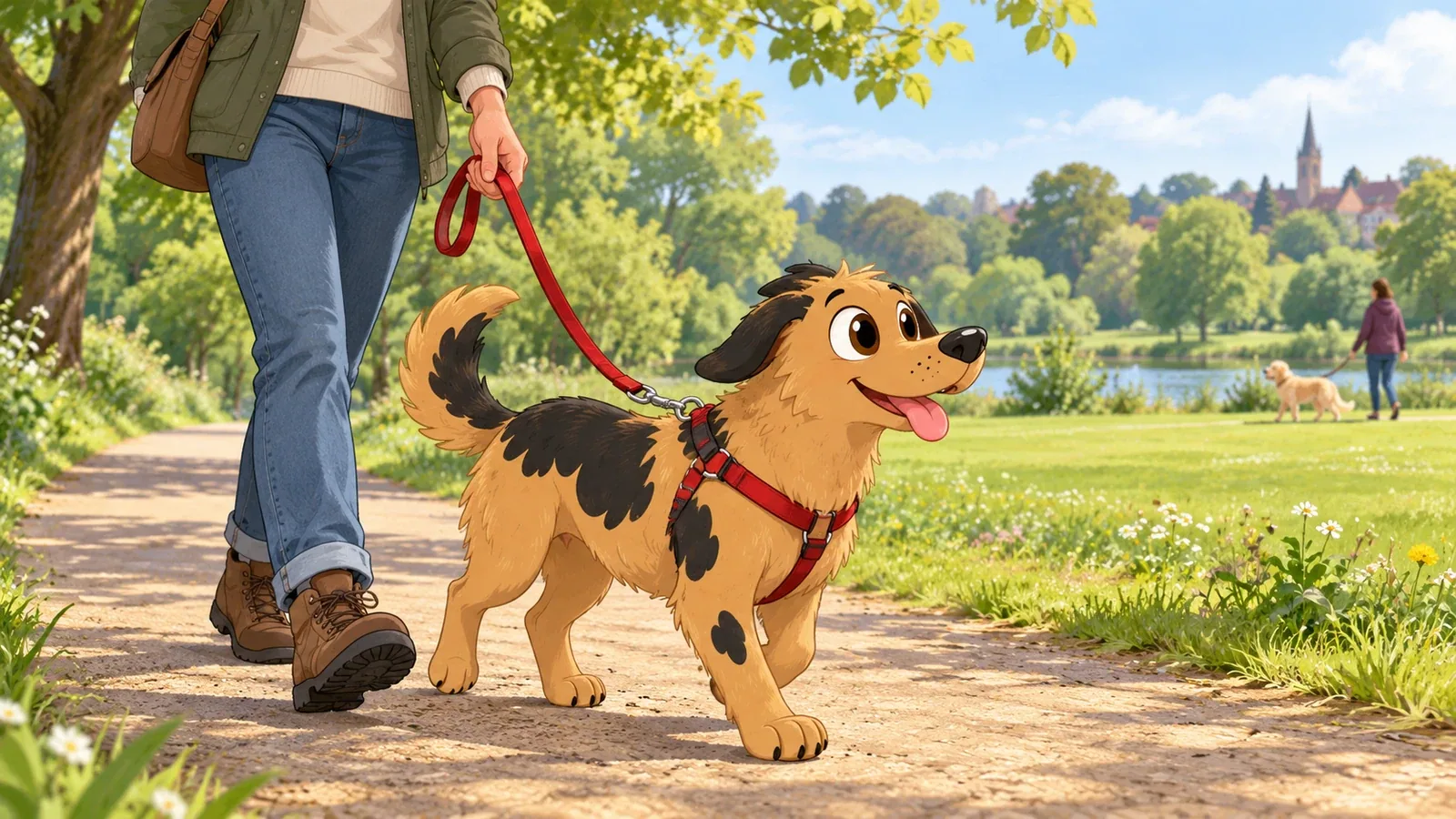Rex walks on a loose lead beside his owner, with another dog and walker far across the park.