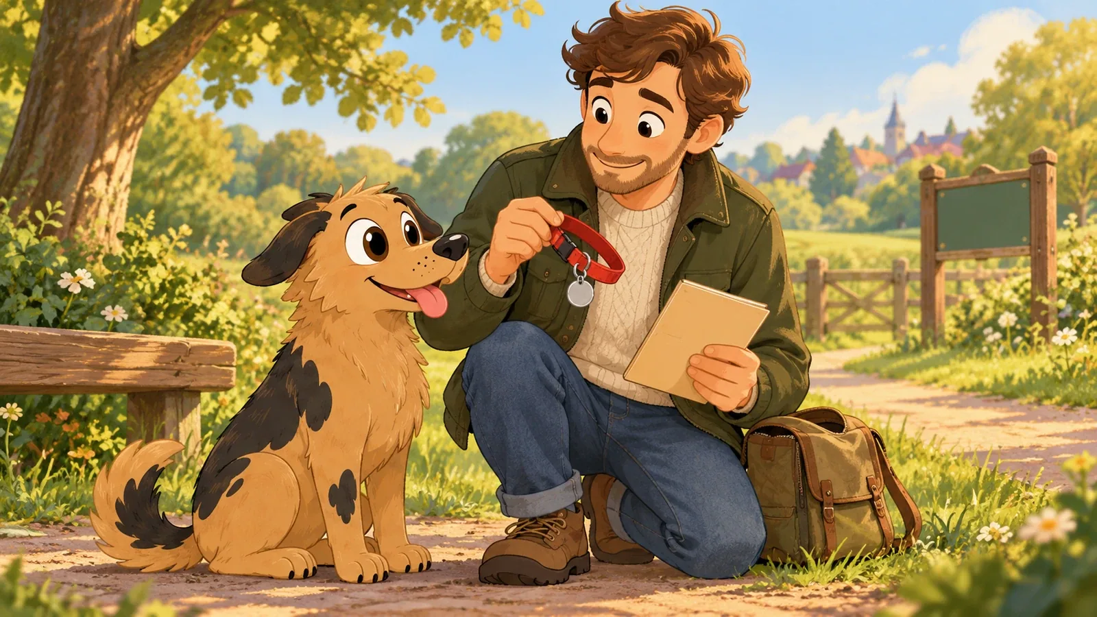 An adult checks a spare collar and unmarked tag beside Rex, with a plain folder and blank park sign nearby.
