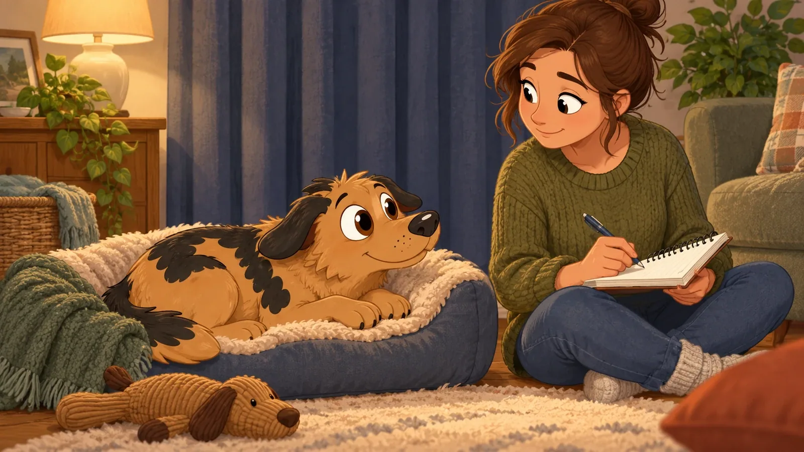 Rex rests in a quiet corner while an adult writes a note beside him.