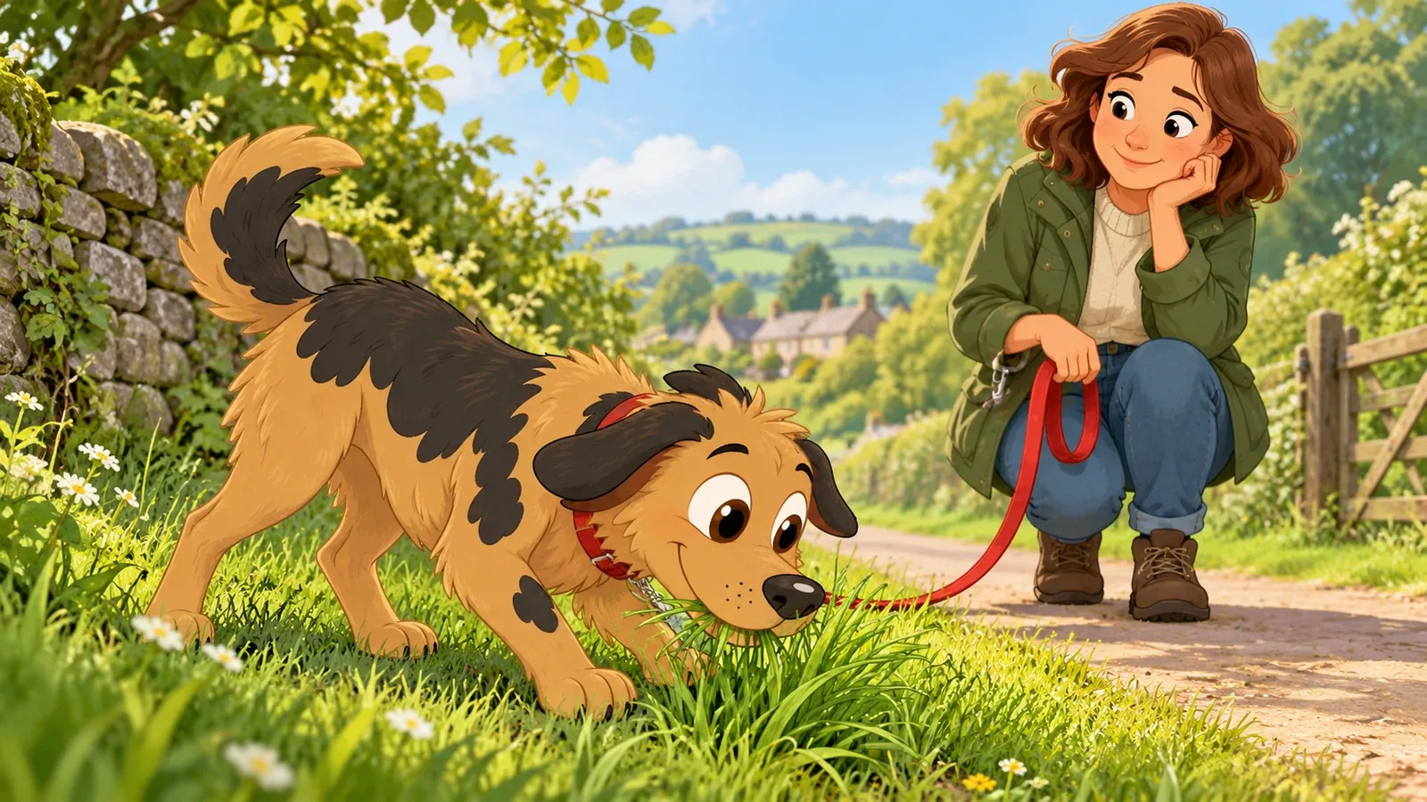 Rex pauses to nibble grass beside a countryside path while his owner watches.
