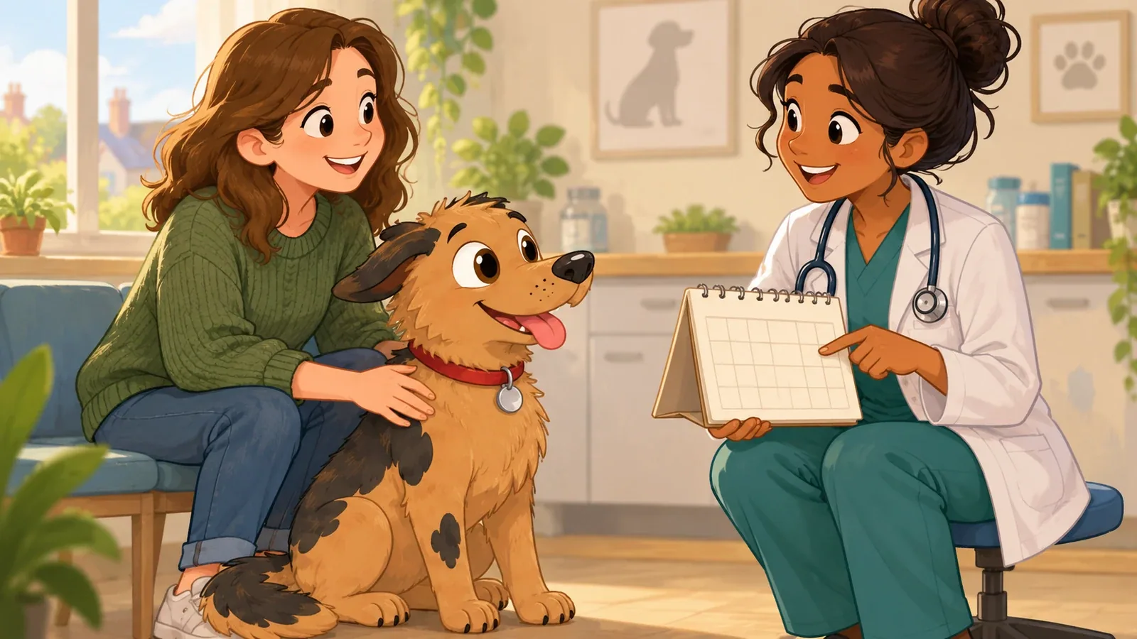 A vet discusses an unlabelled calendar with an adult while Rex sits beside them.