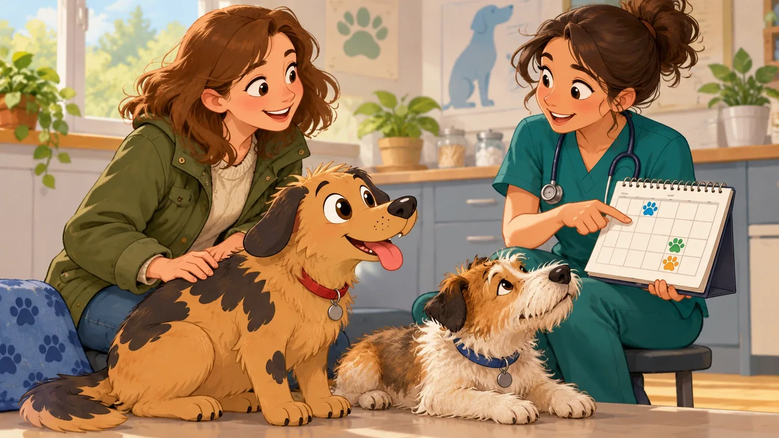 A vet and an adult discuss a vaccination record while Rex and another dog wait calmly.