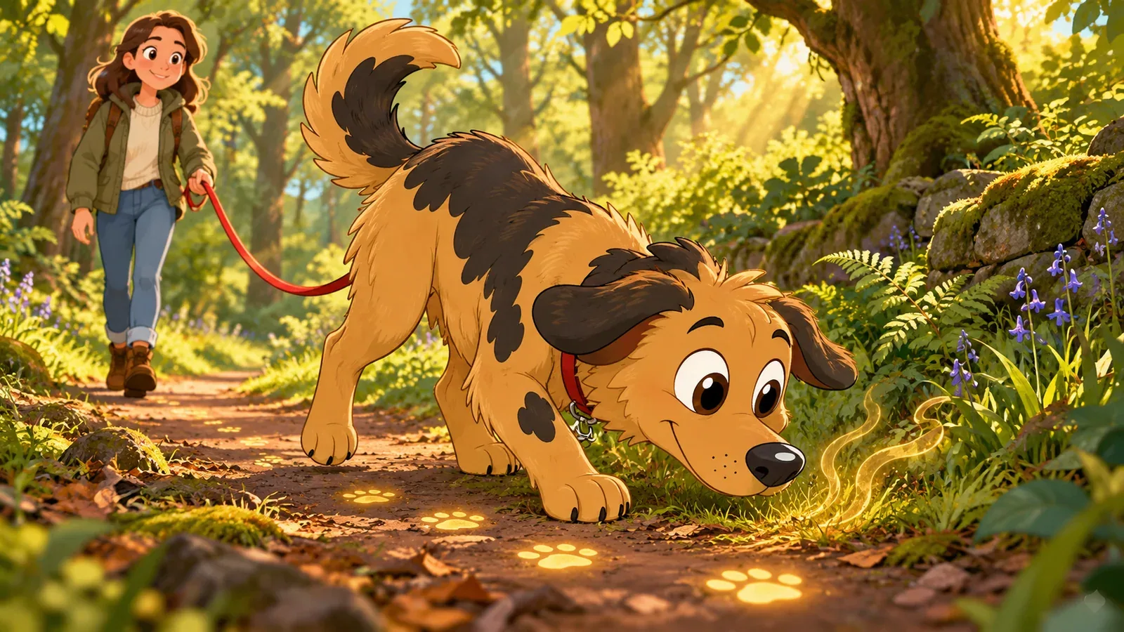 Rex follows a scent along a woodland path while his owner waits on a loose lead.