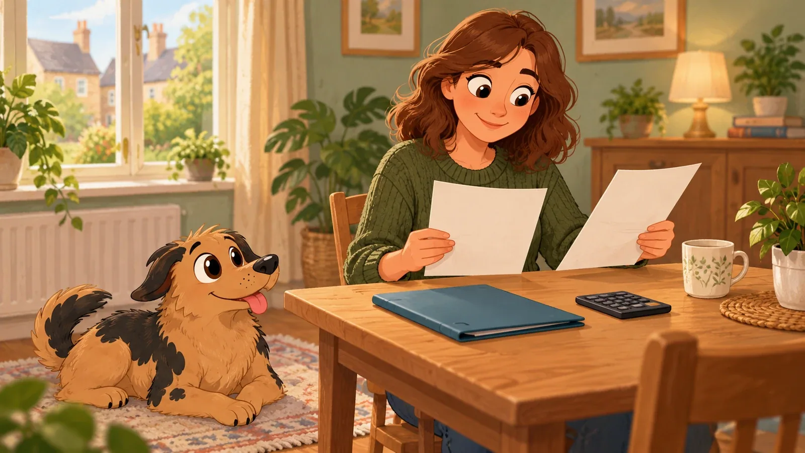 An adult compares two blank policy sheets beside a folder and calculator while Rex rests by the table.