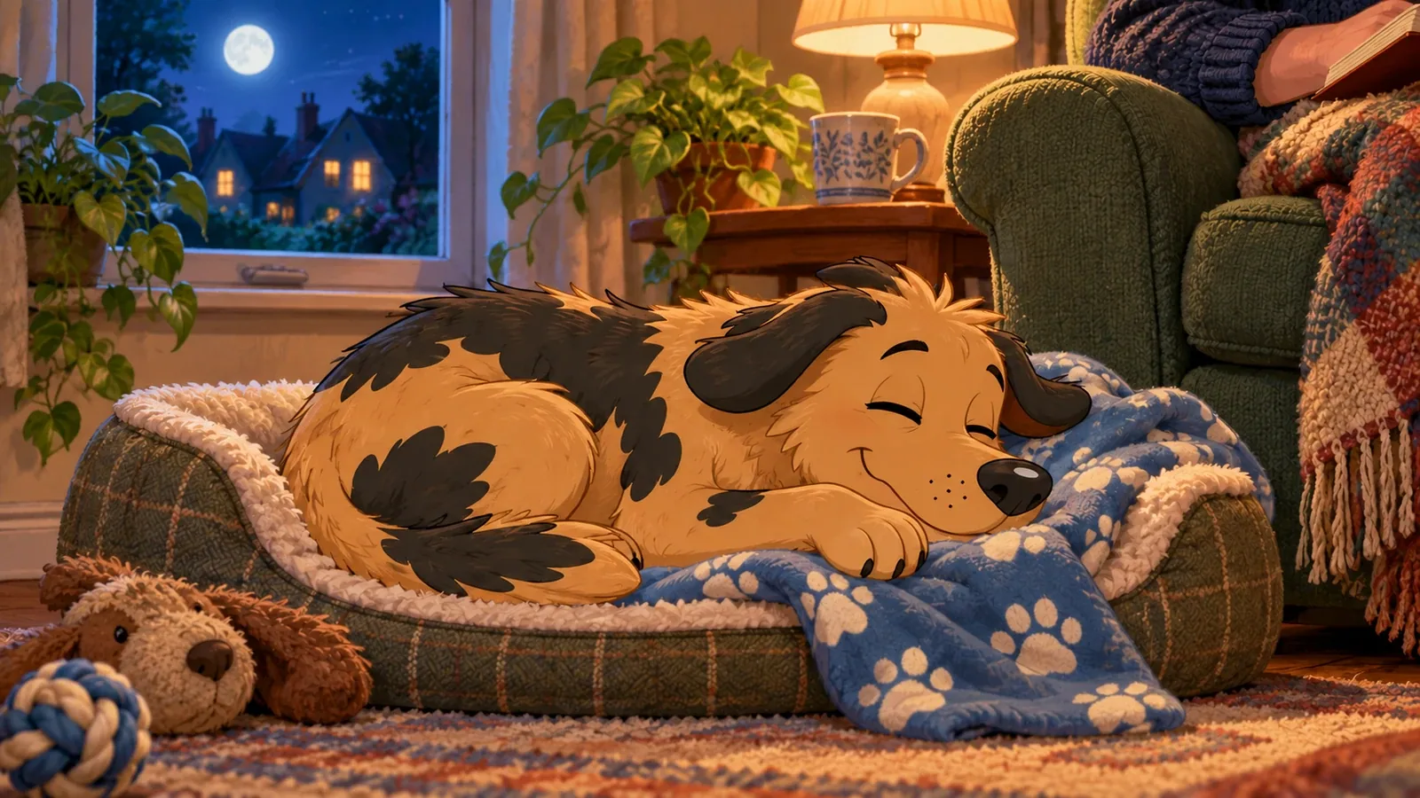 Rex sleeps curled in his dog bed beside a blanket, armchair and softly lit window.