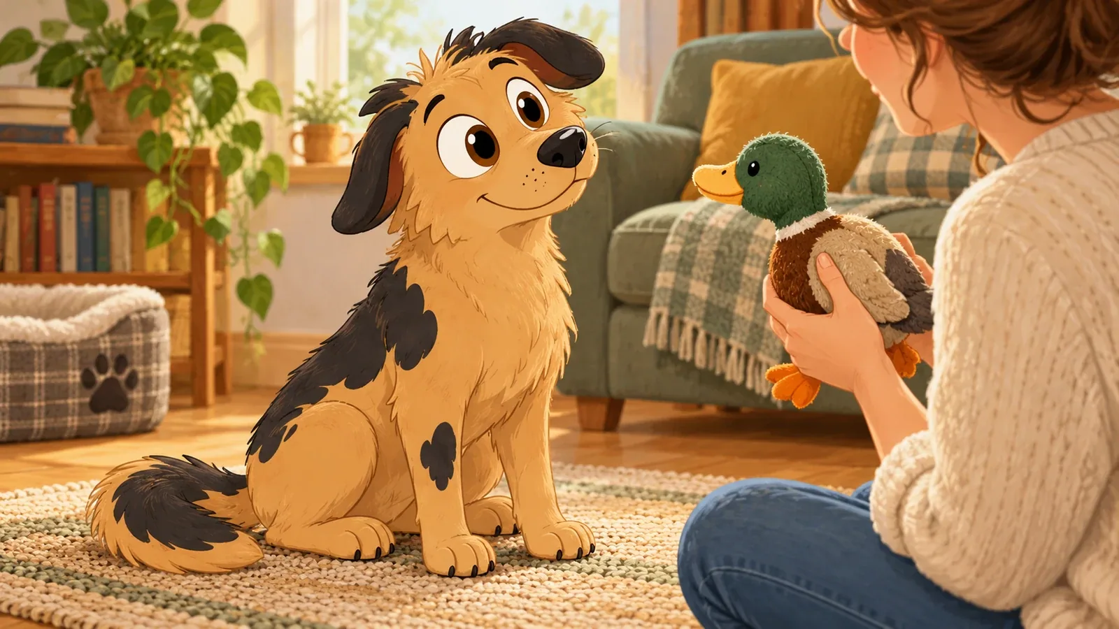 Rex tilts his head towards his owner, who is holding a soft duck toy in a cosy living room.