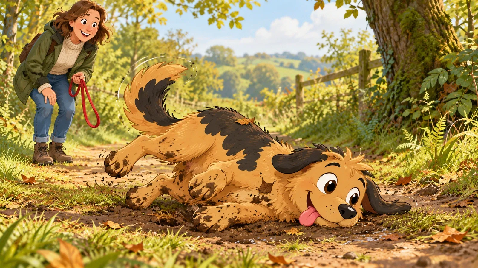 Rex rolls cheek-first in a muddy patch on a woodland path as his owner looks on.