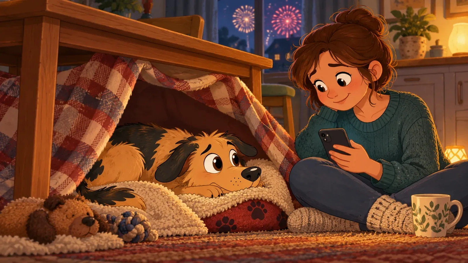 Rex rests in a blanket den while his owner makes a note on her phone during fireworks.