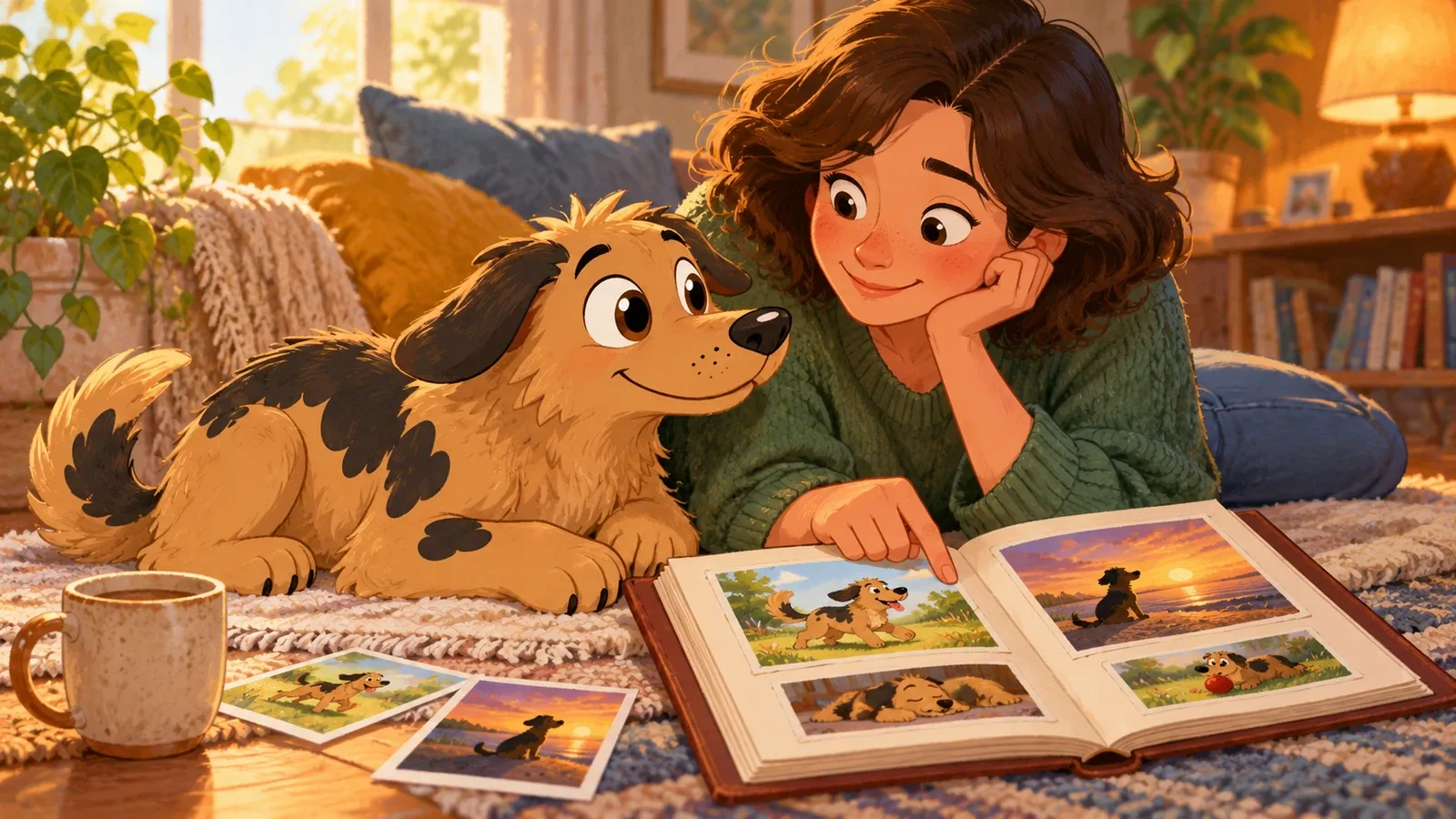 Rex rests beside an adult looking through an open album of ordinary dog snapshots.