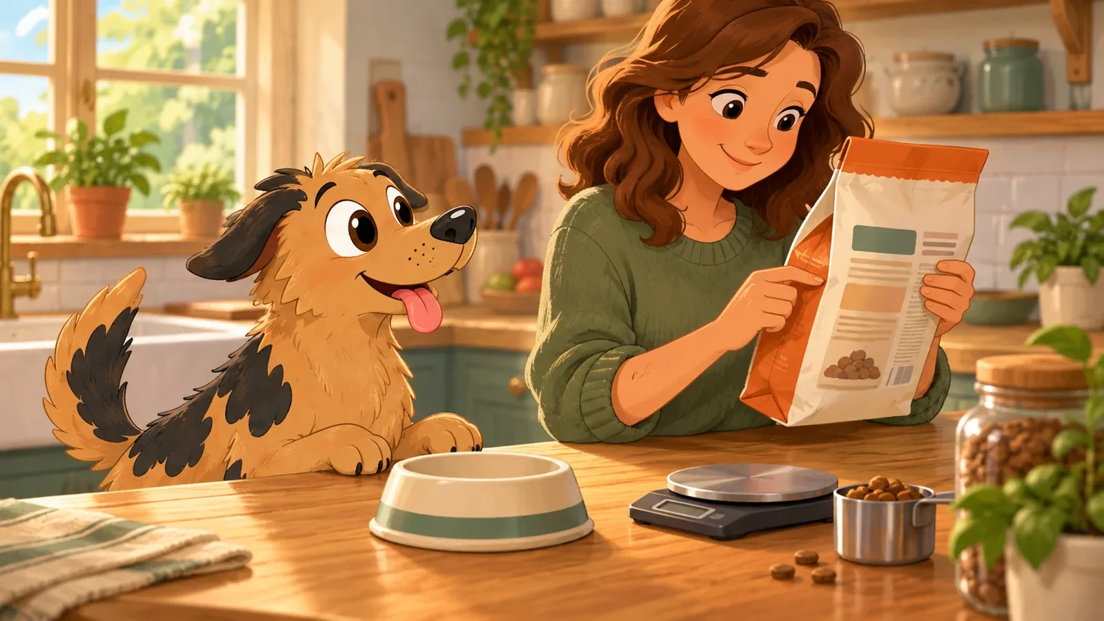 Rex peers over a kitchen counter while an adult examines a food bag beside a bowl and an unmarked scale.