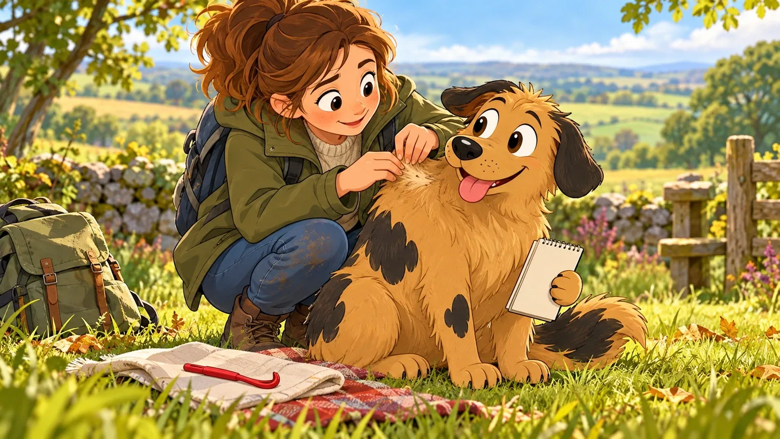 An adult gently checks Rex's coat after a walk, with a tick hook on a cloth nearby.