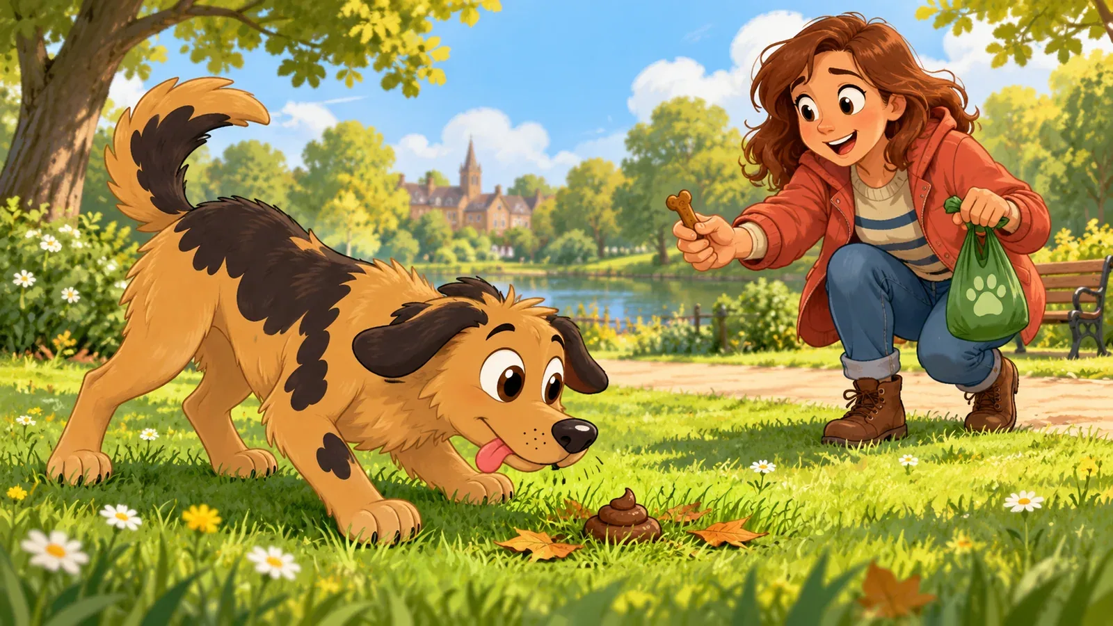 Rex sniffs a poo on the grass while his owner calls him away with a treat and carries a poo bag.