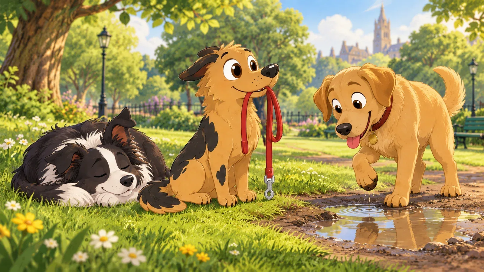 Rex sits beside a sleepy collie and a Labrador investigating a puddle.