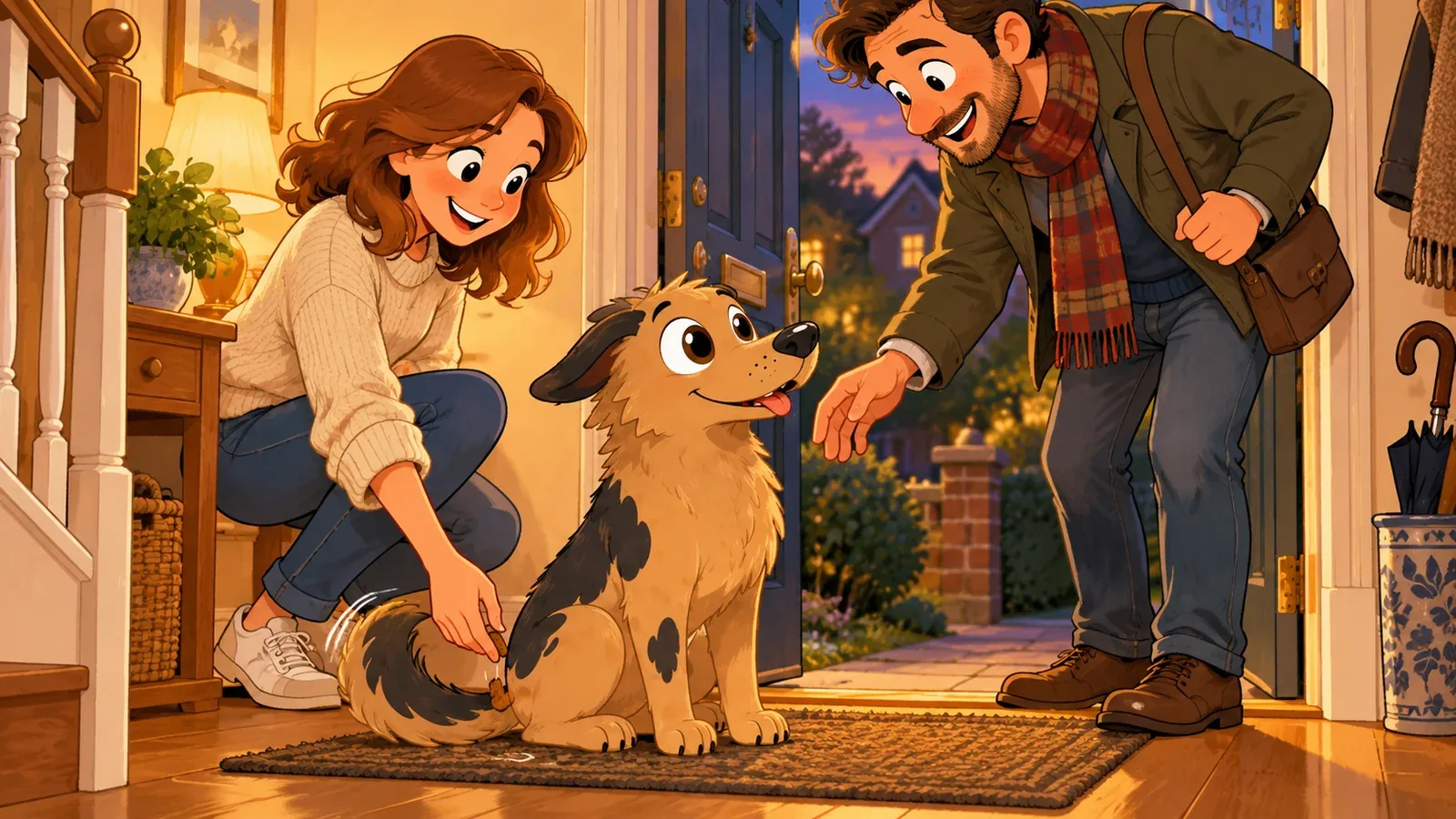 Rex sits with four paws on the mat while a visitor and his owner greet him.