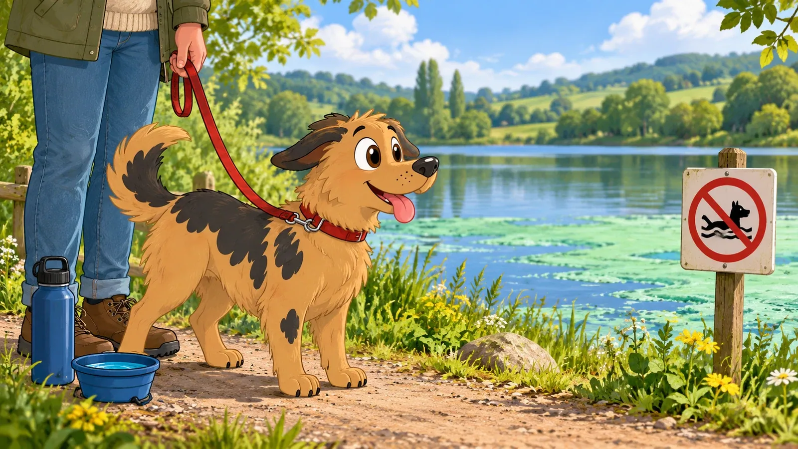 Rex stays on a lead beside a lake with green surface scum, a warning symbol and a drinking-water bowl.