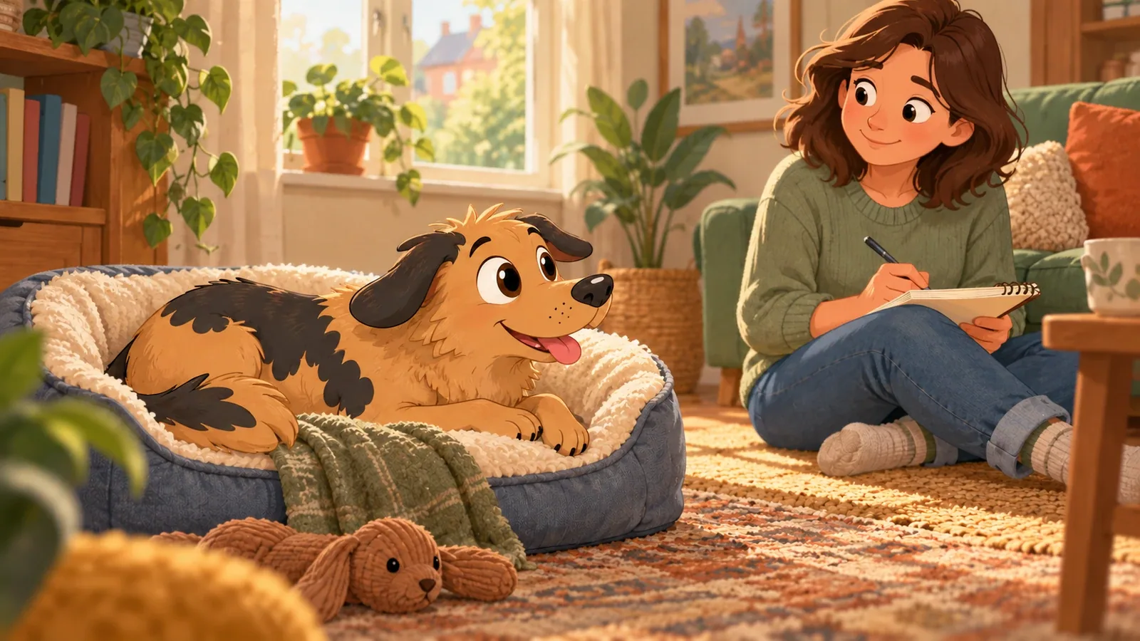Rex rests in a quiet bed while an adult sits nearby with space between them, writing in a notebook.