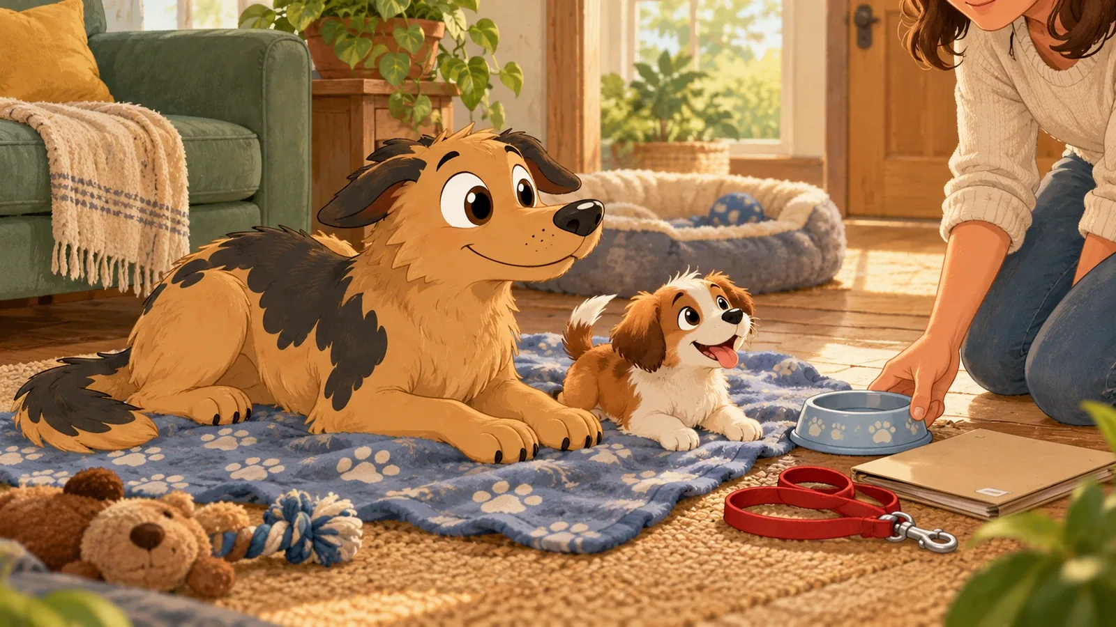 Adult Rex and a small puppy rest on a blanket while an adult sets down a bowl beside a folder and lead.