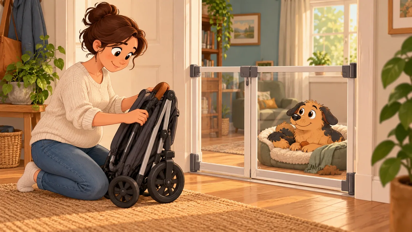 An expectant adult organises a folded pram while Rex rests in his bed beyond a closed transparent gate.