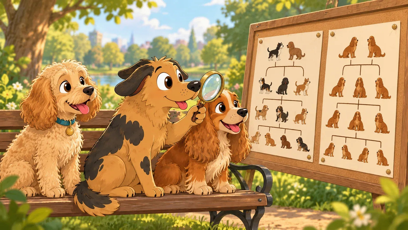 Rex, a Cockapoo and a spaniel beside illustrated dog family trees in a park.