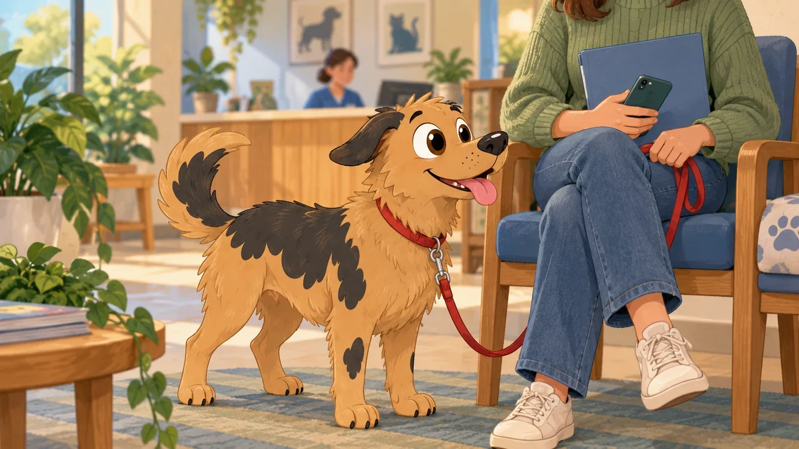 Rex stands on a slack lead beside an adult holding a closed folder and phone in a quiet veterinary reception.
