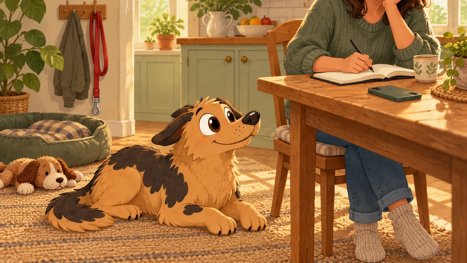 Rex rests near an adult writing in a notebook, with a phone face down on the table and a lead and soft toy nearby.