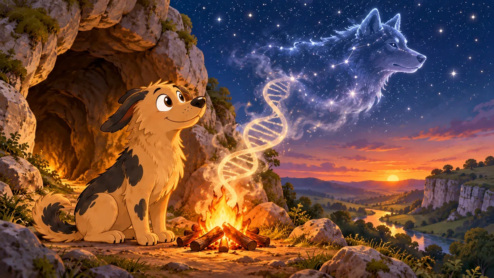 Rex sits beside a cave and campfire beneath an illustrated wolf and a strand of DNA.