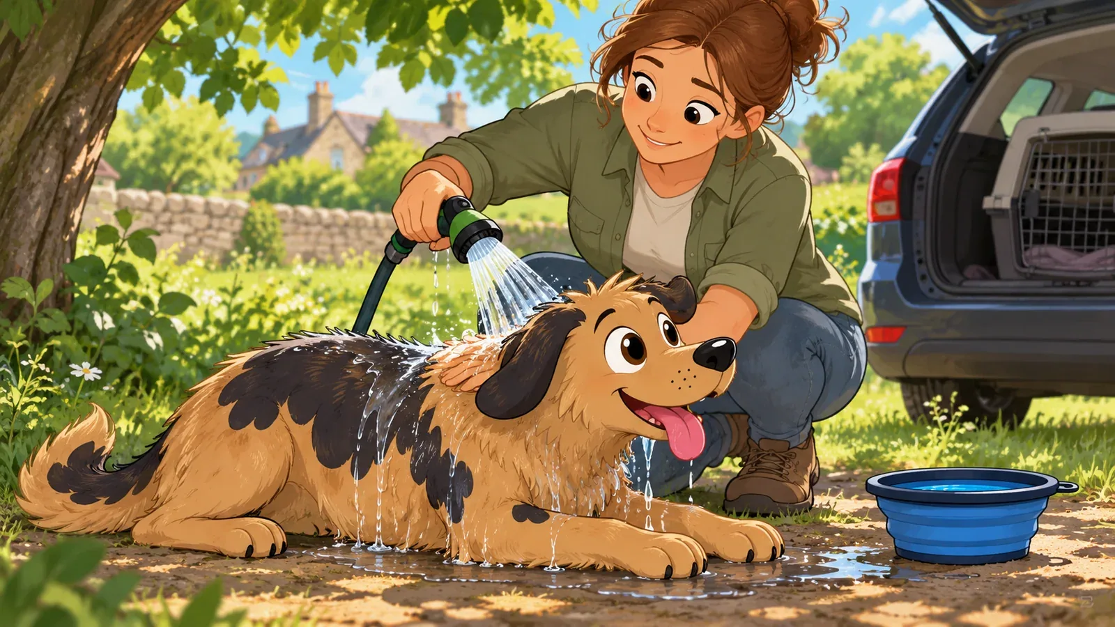 An owner sprays water over Rex’s coat in the shade beside an open car.