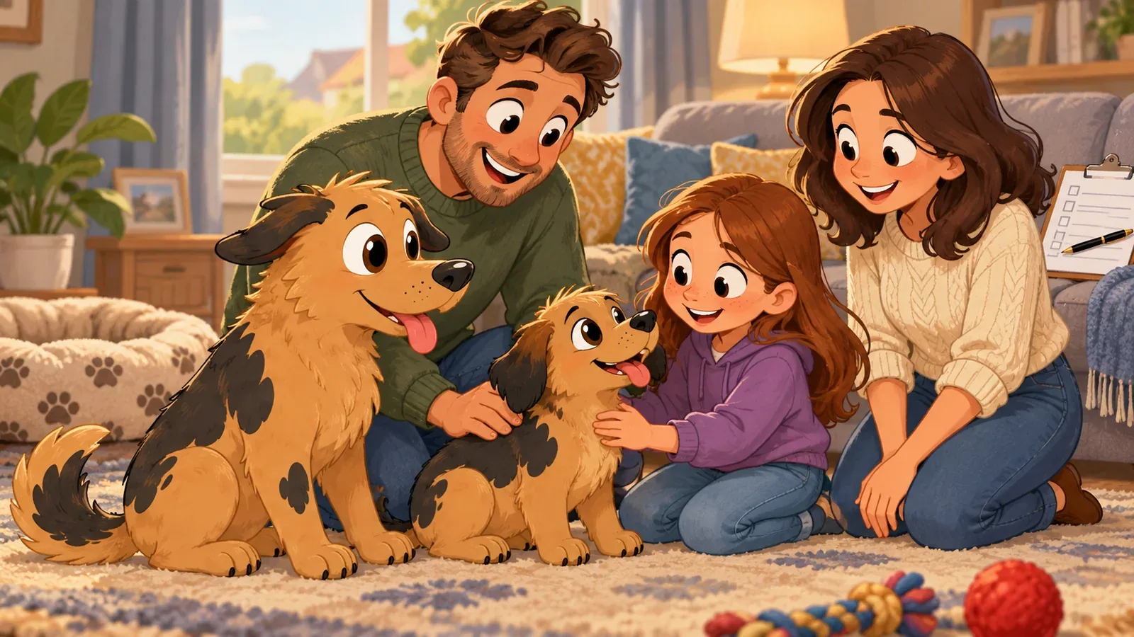 A family meets a puppy beside an adult dog on a living-room rug.