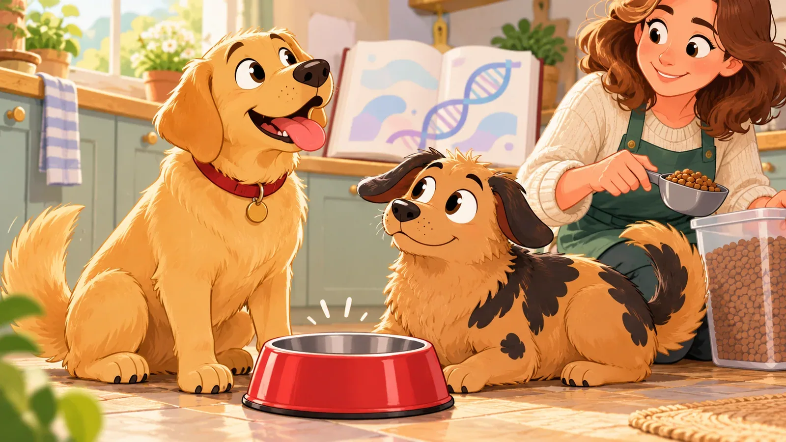 Rex and a Labrador wait beside an empty bowl while their owner measures food.