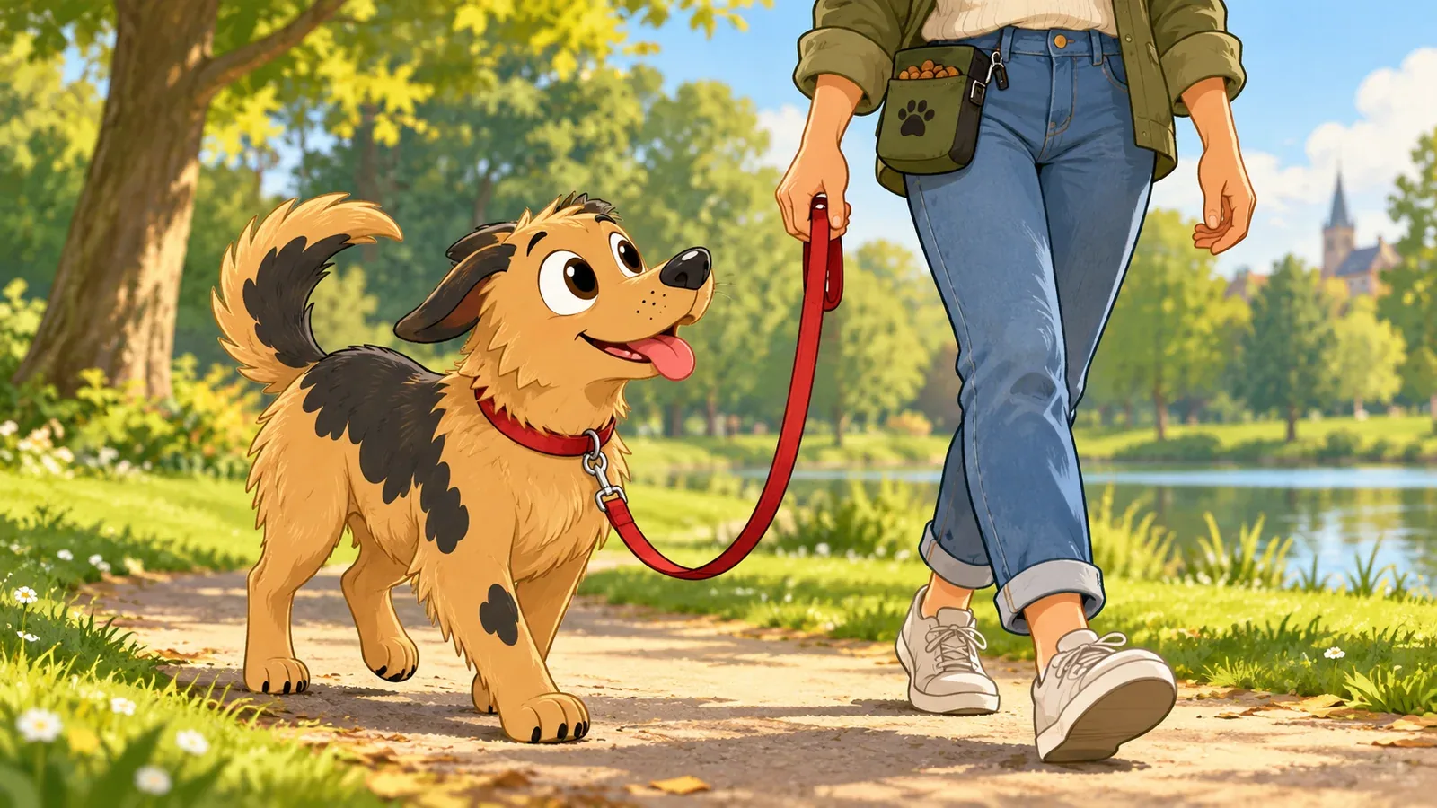 Rex walks beside his owner on a loose lead along a sunny park path.