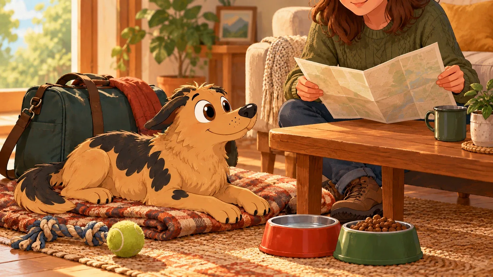 Rex rests on a blanket beside a travel bag and bowls while an adult looks over a paper map.