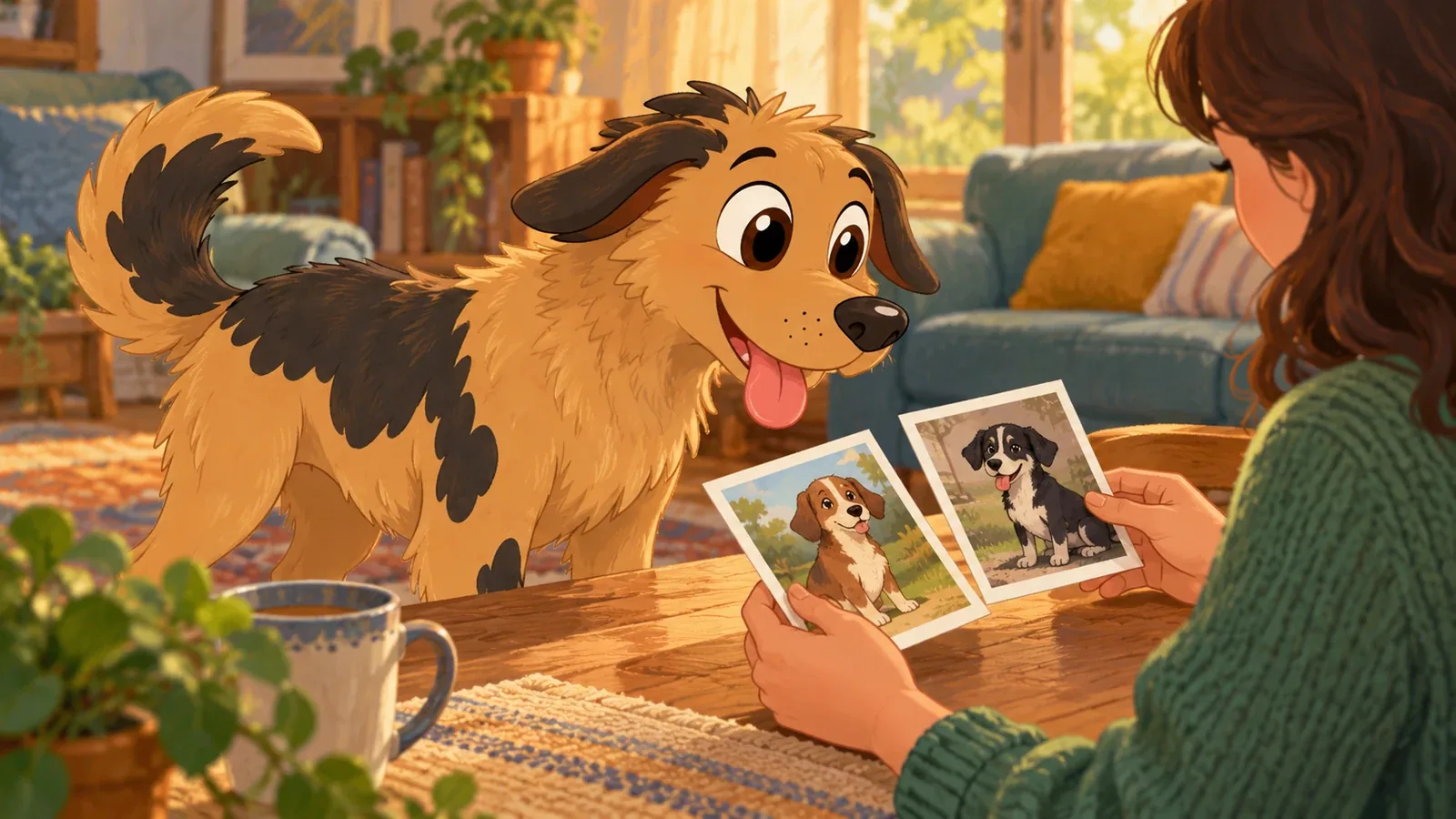 Rex stands beside an adult comparing two printed dog photographs at a table.